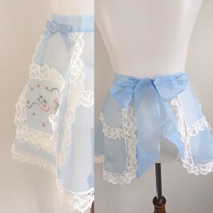 Vintage 50s Sheer Nylon Half Apron Blue Lace Embroidery Pocket Pin Up Hostess